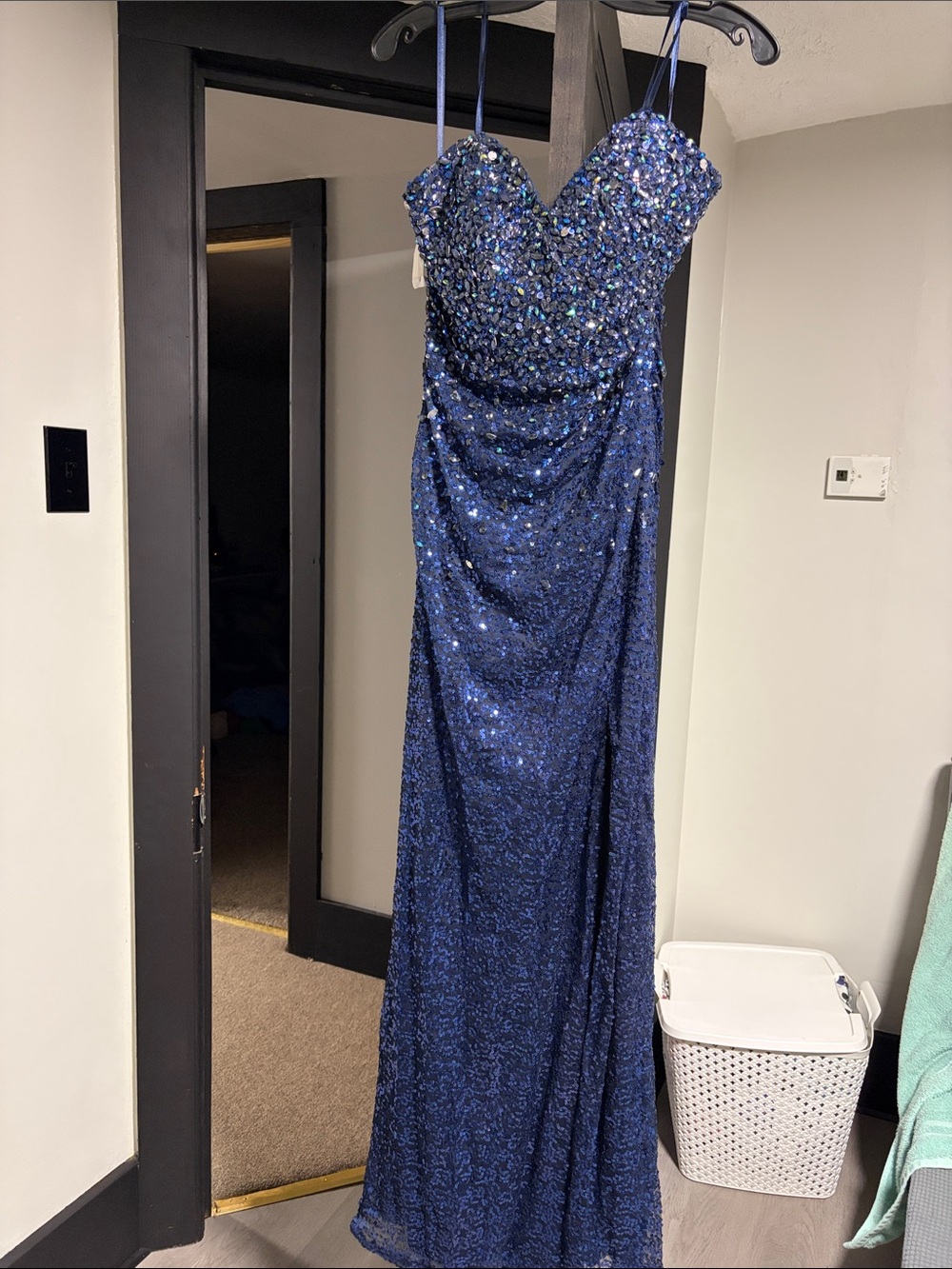 La Femme Navy Blue Sequined Evening Gown